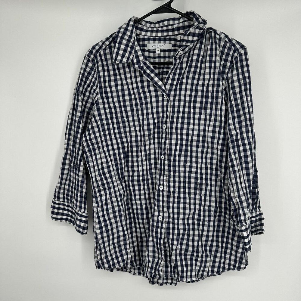 Foxcroft Women's Navy Blue Plaid Button down shirt size 14 Shaped